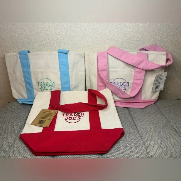 Trader Joe’s Mini Canvas Tote Bags— 2 Pastels (Pink & Blue) + 1 Red (3 total) - Picture 11 of 11